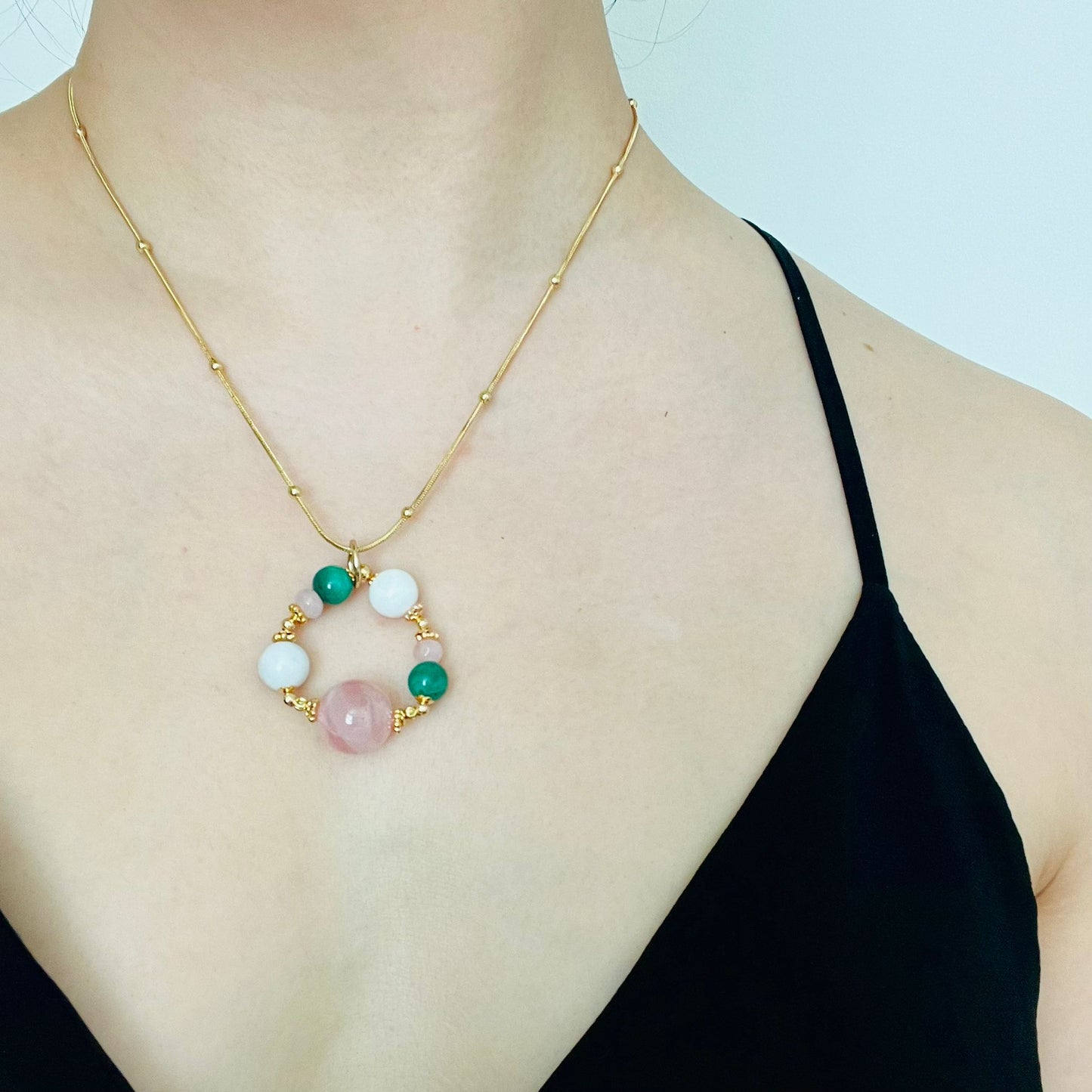 Madagascar Rose Quartz, Howlite & Malachite Pendant