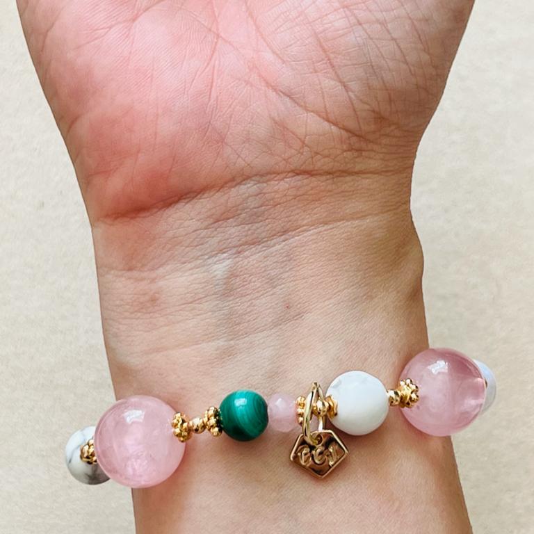 Madagascar Rose Quartz, Howlite,  Moonstone & Malachite Bracelet