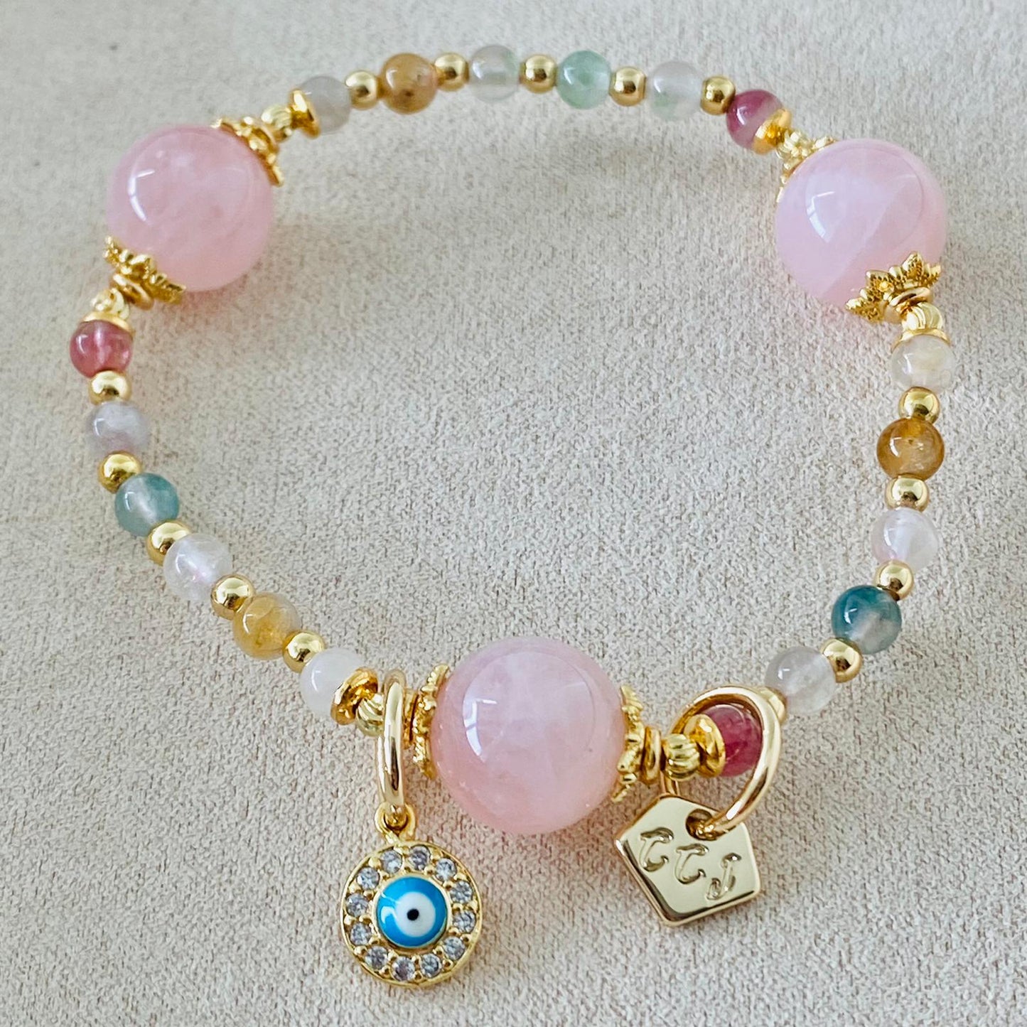 Delicate Rainbow Tourmaline & Madagascar Rose Quartz Bracelet