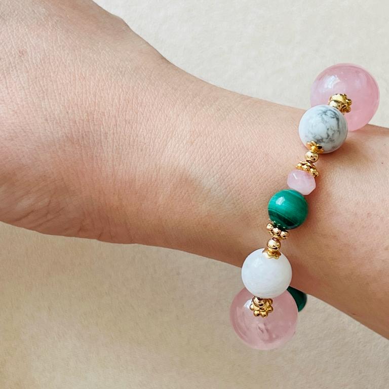 Madagascar Rose Quartz, Howlite,  Moonstone & Malachite Bracelet