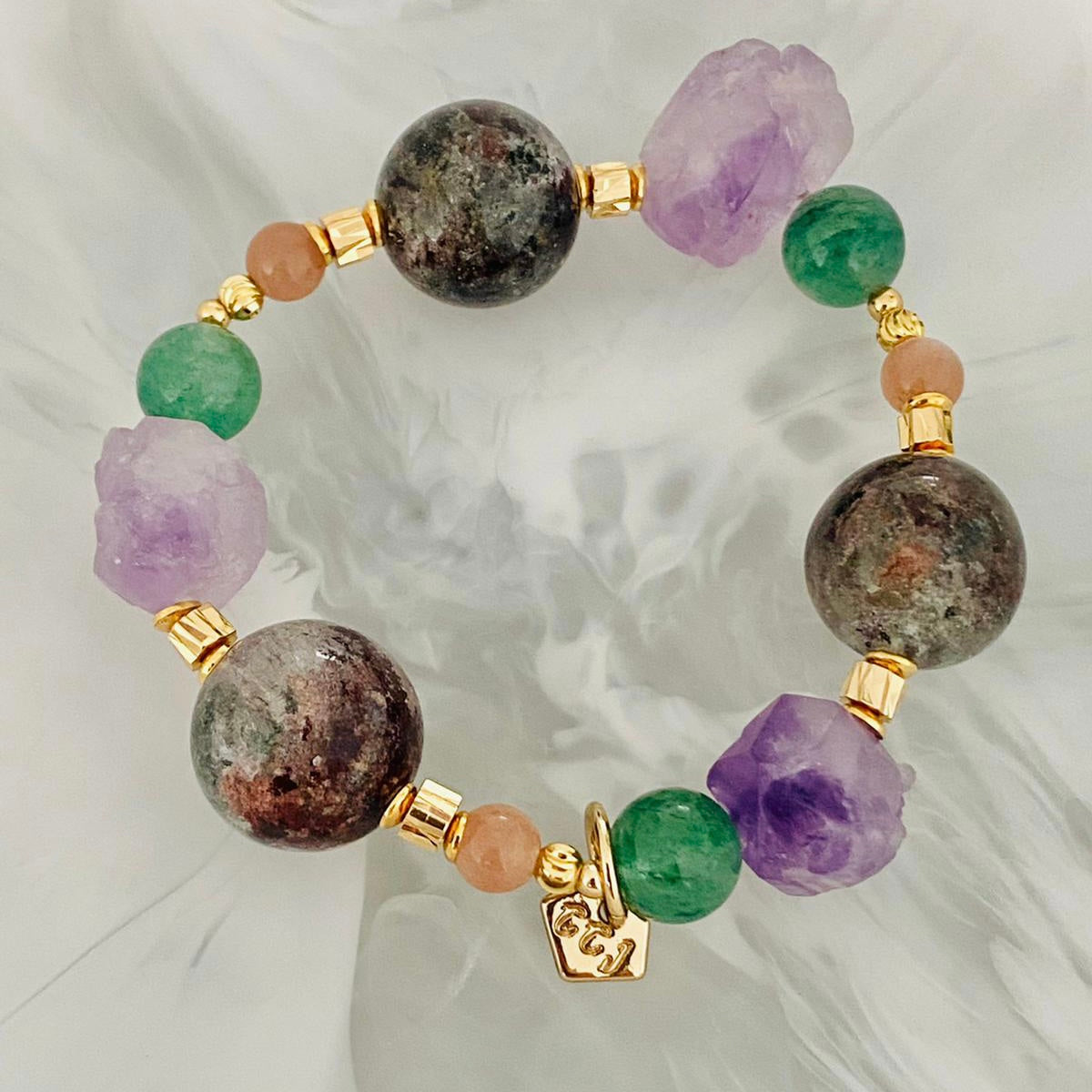 Raw Amethyst & Garden Phantom Quartz Bracelet