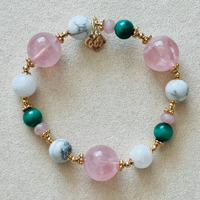 Madagascar Rose Quartz, Howlite,  Moonstone & Malachite Bracelet