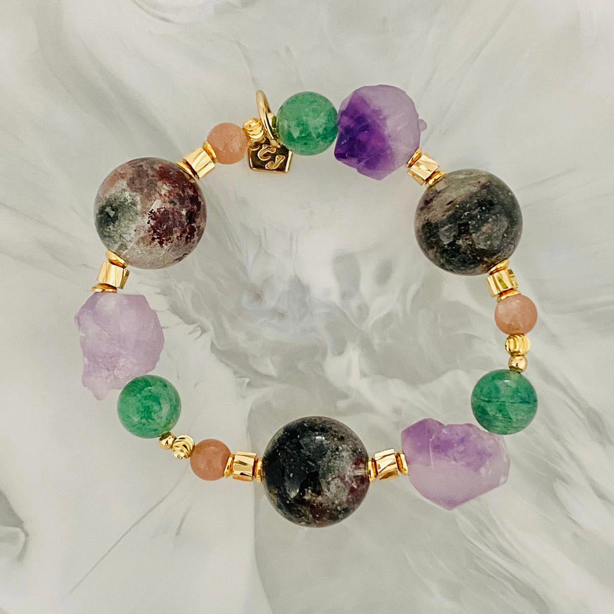 Raw Amethyst & Garden Phantom Quartz Bracelet