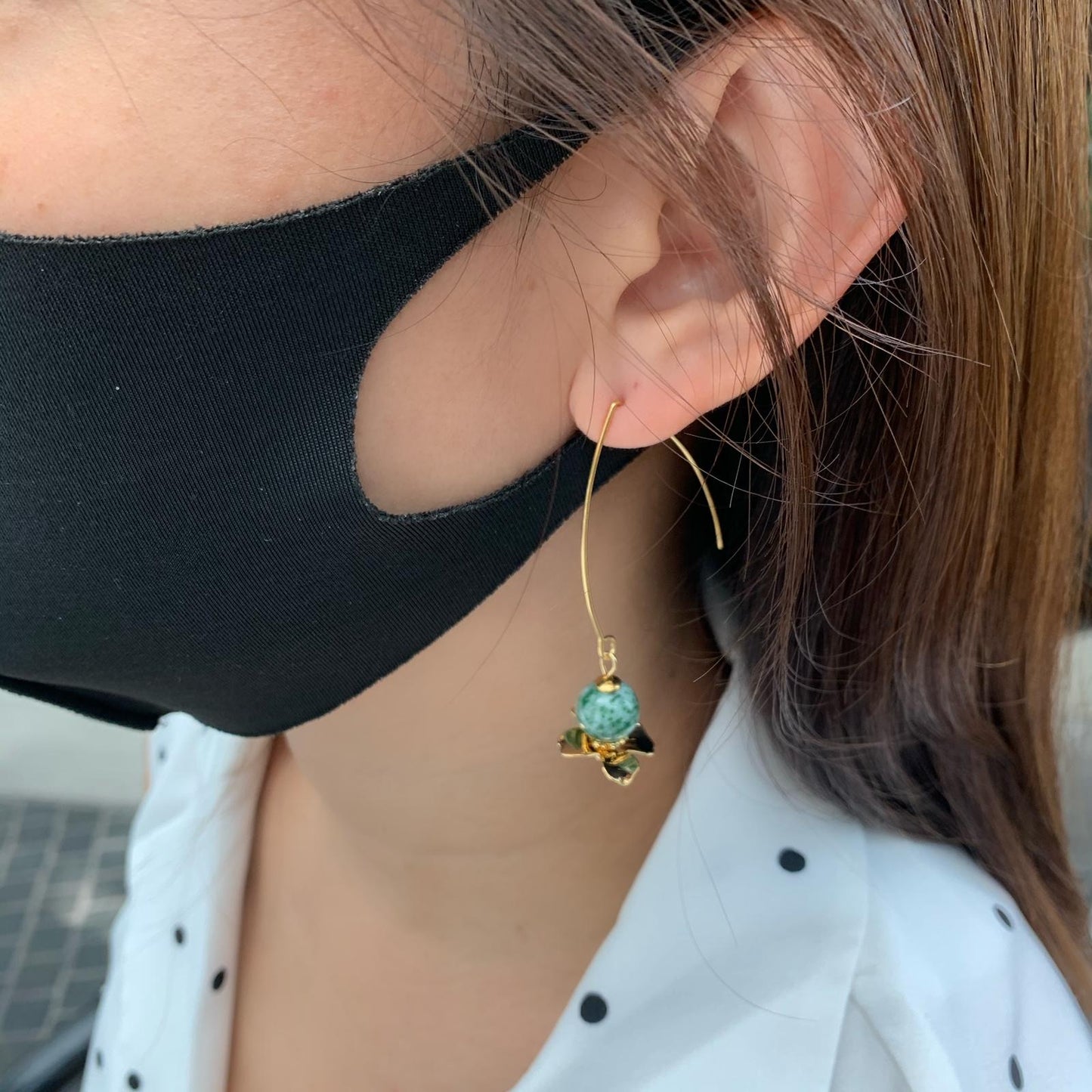 Green Dot Jade Floral Earrings